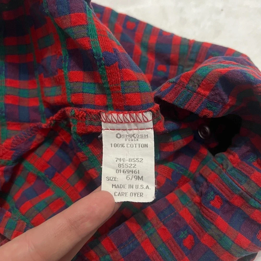 Vintage Baby OshKosh B'gosh Plaid Apple Vestbak Shortalls Red Blue 6-9M